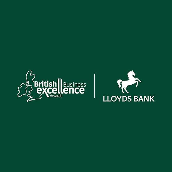 British Business Excellence Awards logo alongside the Lloyds Bank logo and black horse symbol, on a dark green background